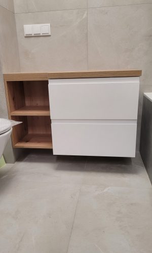 Szafka pod umywalkę biała połysk blat dębowy